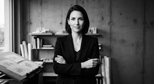 Monochrome black and white studio portrait of luxury commerce design director Elena Vogel in an architectural atelier.