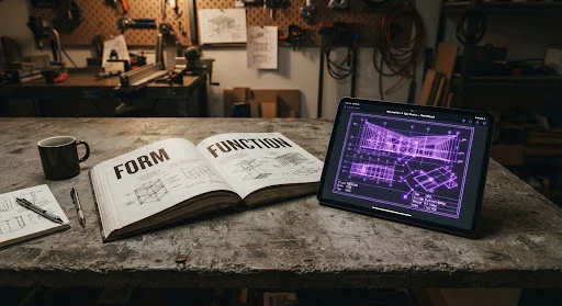 Sách thiết kế mở nghệ thuật hiển thị chữ FORM và FUNCTION