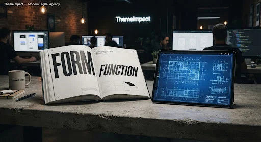 Open editorial design book on concrete workbench showing avant-garde typography titled FORM FUNCTION beside glowing blue blueprint architectural schematic on modern digital tablet.
