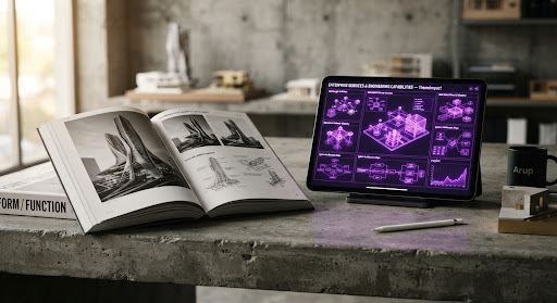 Editorial close up photograph of an open architectural monograph book labeled FORM / FUNCTION sitting next to a sleek digital tablet displaying complex neon violet holographic wireframes and distributed network telemetry schemas on a concrete brutalist workbench.