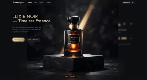 Dark luxury perfume bottle on dramatic black pedestal with amber liquid refraction, cinematic ray casting, high-end editorial lighting, hyper-detailed commercial photography.