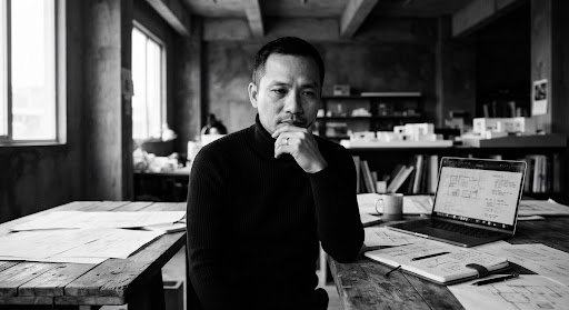 High-contrast black and white editorial portrait of architect Minh Nguyen in a minimalist concrete industrial design studio.